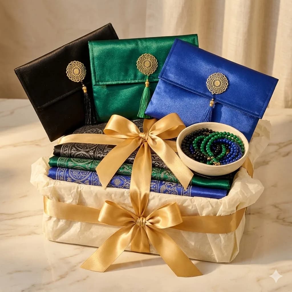 Coffret cadeau Mihraa — pochettes noire, verte et bleue avec tapis, tasbih et ruban doré